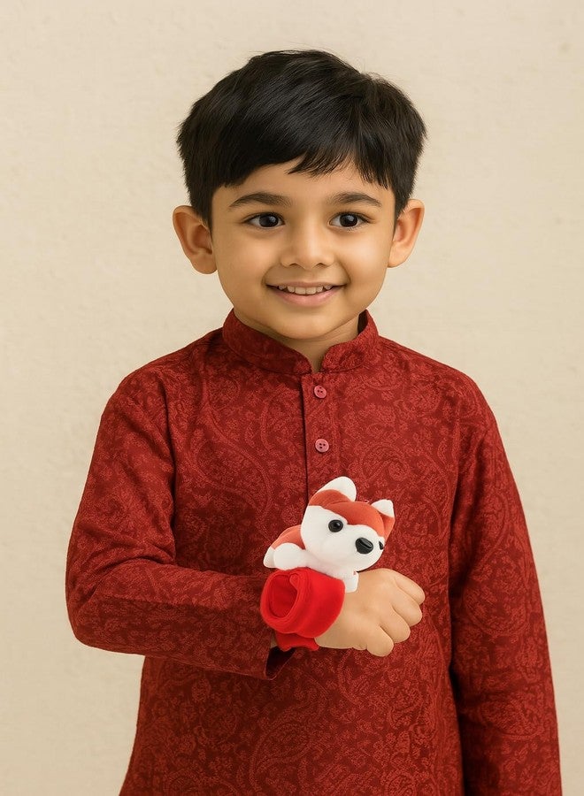 El Regalo Kids Rakhi - Cute Animal Plush Slap Band Rakhi for Boys & Girls | Panda, Shark, Dinosaur & More with Roli Chawal & Rakshabandhan Card | Fun Cartoon Soft Slap Bands for Children (husky puppy Red) - Image 4
