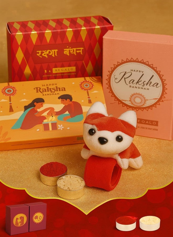 El Regalo Kids Rakhi - Cute Animal Plush Slap Band Rakhi for Boys & Girls | Panda, Shark, Dinosaur & More with Roli Chawal & Rakshabandhan Card | Fun Cartoon Soft Slap Bands for Children (husky puppy Red) - Image 2