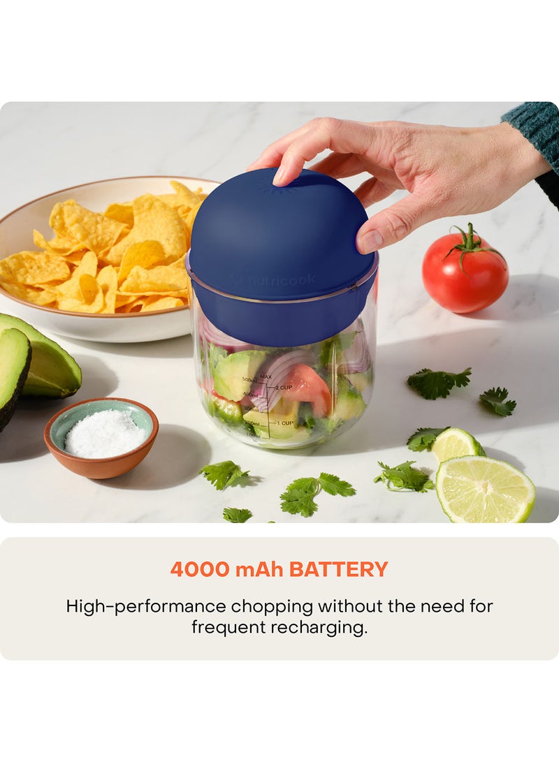 nutricook Choppi Cordless Rechargeable Chopper, Pulse And Steady Modes, BPA Free Tritan Cup, 4000 mAh Battery, SS 304 Quad Blade, Designed In California 500 ml 220 W CH600B-ME Blue - Image 2