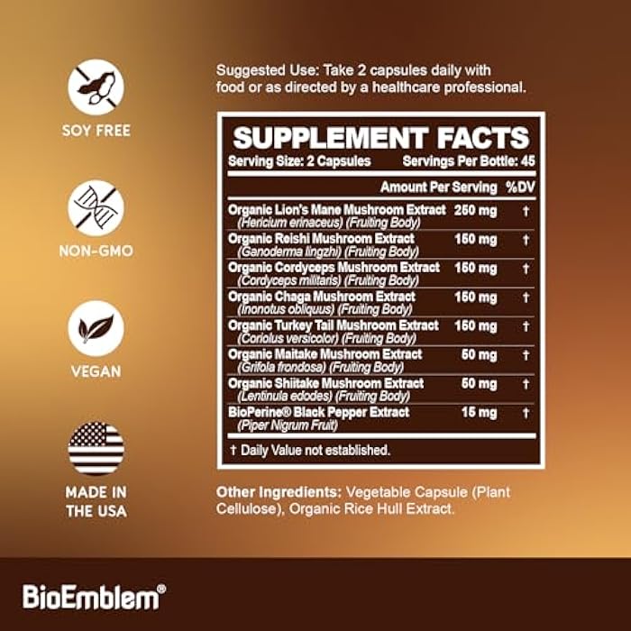 BioEmblem Mushroom Complex - 10:1 Strength and 7 Species - Lions Mane, Reishi, Cordyceps, Chaga, Maitake, Shiitake Mushroom Supplement - Immunity, Energy & Focus, Brain - Non-GMO, Vegan - 90 Caps - Image 5