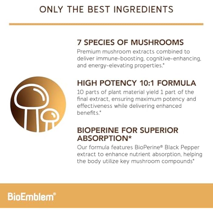 BioEmblem Mushroom Complex - 10:1 Strength and 7 Species - Lions Mane, Reishi, Cordyceps, Chaga, Maitake, Shiitake Mushroom Supplement - Immunity, Energy & Focus, Brain - Non-GMO, Vegan - 90 Caps - Image 2