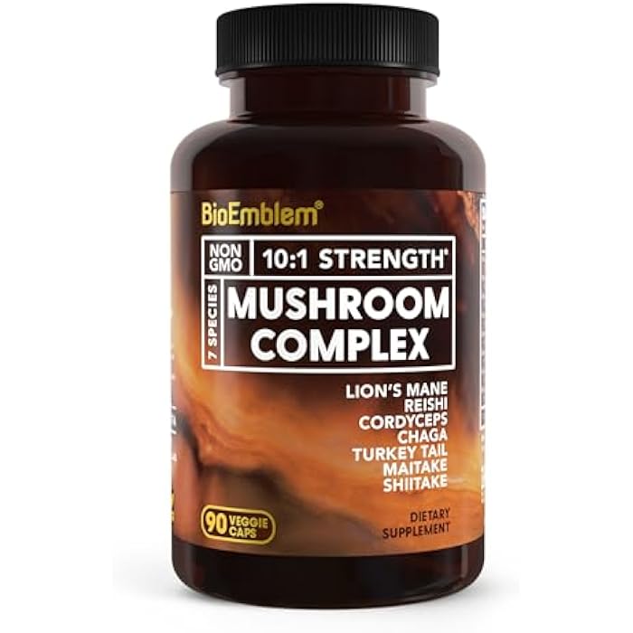BioEmblem Mushroom Complex - 10:1 Strength and 7 Species - Lions Mane, Reishi, Cordyceps, Chaga, Maitake, Shiitake Mushroom Supplement - Immunity, Energy & Focus, Brain - Non-GMO, Vegan - 90 Caps - Image 1