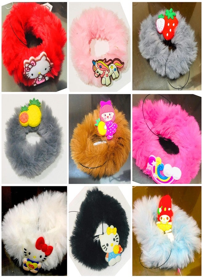 Quarya Kids Scrunchies Fancy Faux Fur with Cartoon stickers Furry Fluffy Elastic Hair Bands Colourful Rubber Bands For Girls Hair Accessories (Pack of 12) - Image 5