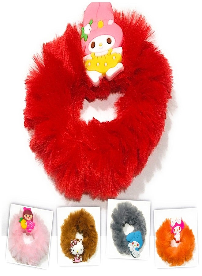 Quarya Kids Scrunchies Fancy Faux Fur with Cartoon stickers Furry Fluffy Elastic Hair Bands Colourful Rubber Bands For Girls Hair Accessories (Pack of 12) - Image 3