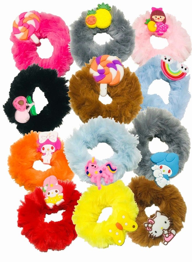 Quarya Kids Scrunchies Fancy Faux Fur with Cartoon stickers Furry Fluffy Elastic Hair Bands Colourful Rubber Bands For Girls Hair Accessories (Pack of 12) - Image 1