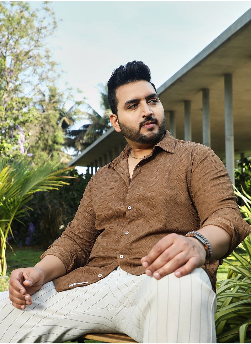 Instafab Plus Instafab Plus Men's Tan Brown Chevron-Tactile Shirt For Casual Wear | Spread Collar | Long Cuffed Sleeves | Button Closure | Plus Size Shirt Crafted With Comfort Fit For Everyday Wear  - Image 1