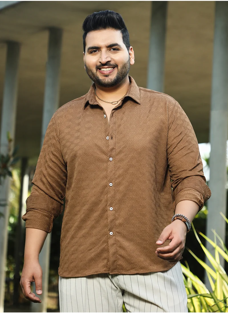 انستافاب بلس Instafab Plus Men's Tan Brown Chevron-Tactile Shirt For Casual Wear | Spread Collar | Long Cuffed Sleeves | Button Closure | Plus Size Shirt Crafted With Comfort Fit For Everyday Wear