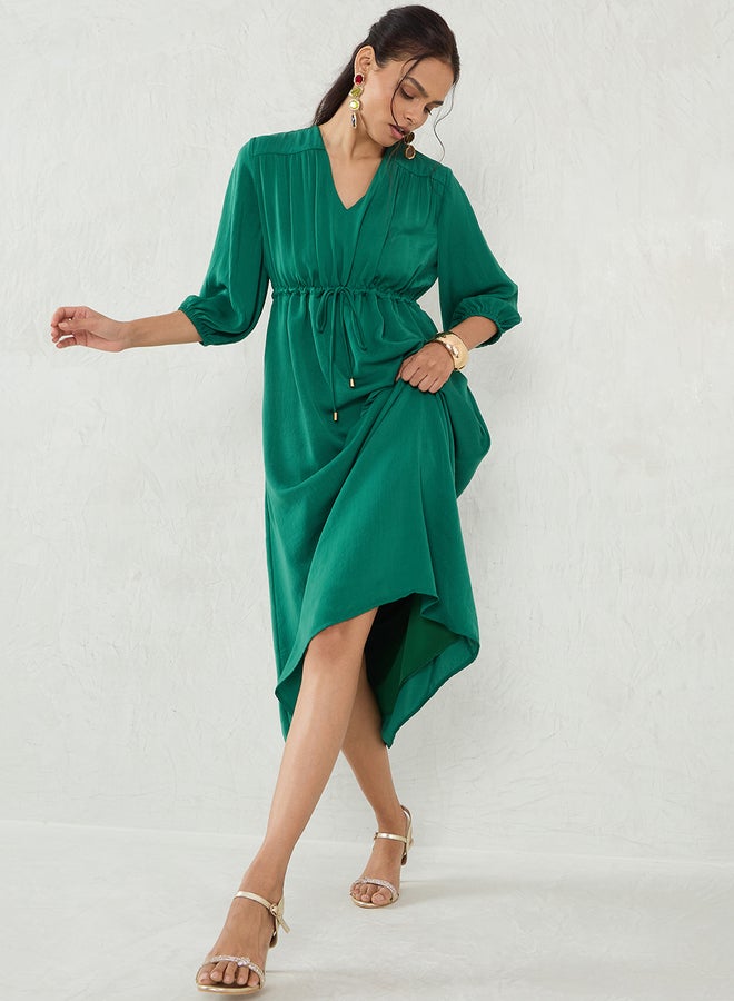 Femmella Green Solid Drawstring Waist A-Line Midi Dress - Image 5