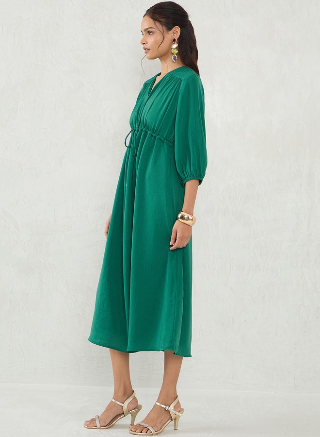 Femmella Green Solid Drawstring Waist A-Line Midi Dress - Image 3