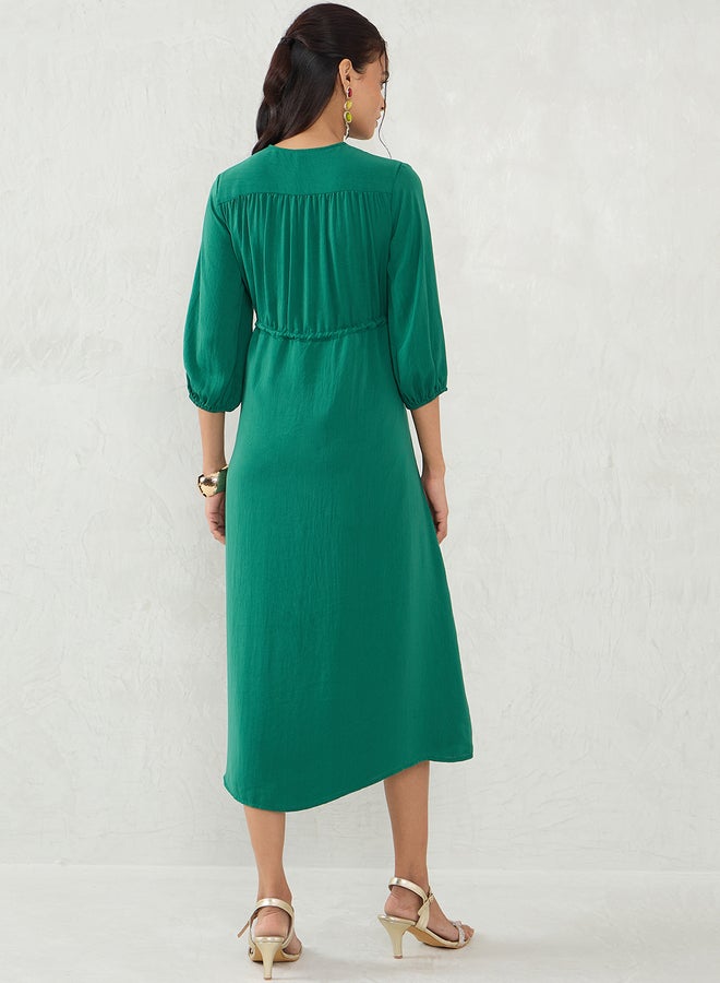 Femmella Green Solid Drawstring Waist A-Line Midi Dress - Image 2