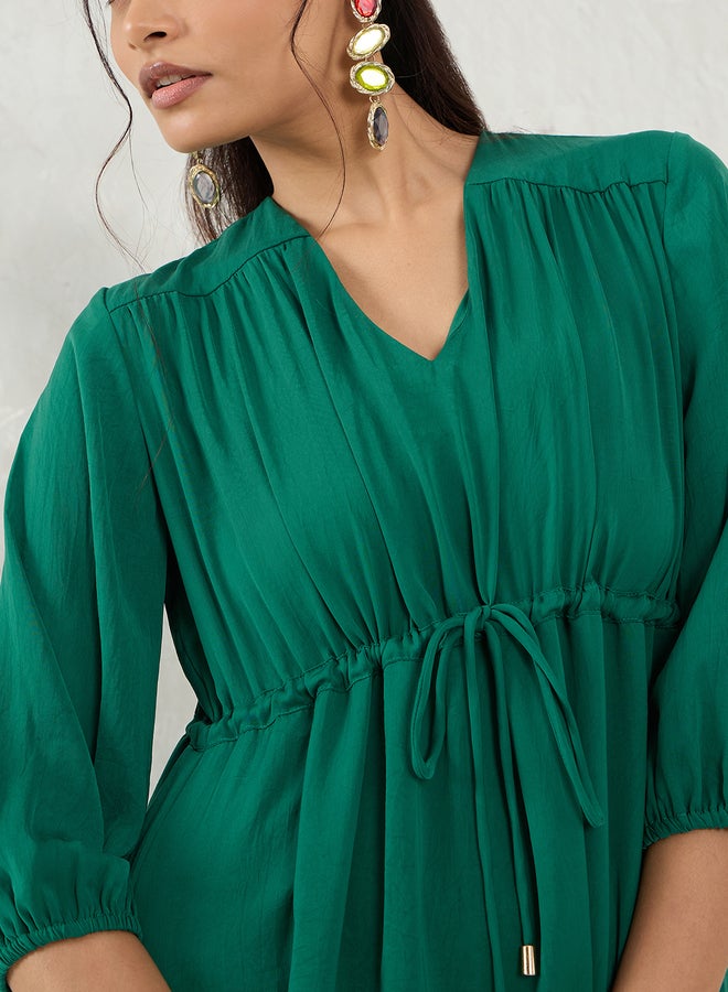 Femmella Green Solid Drawstring Waist A-Line Midi Dress - Image 4