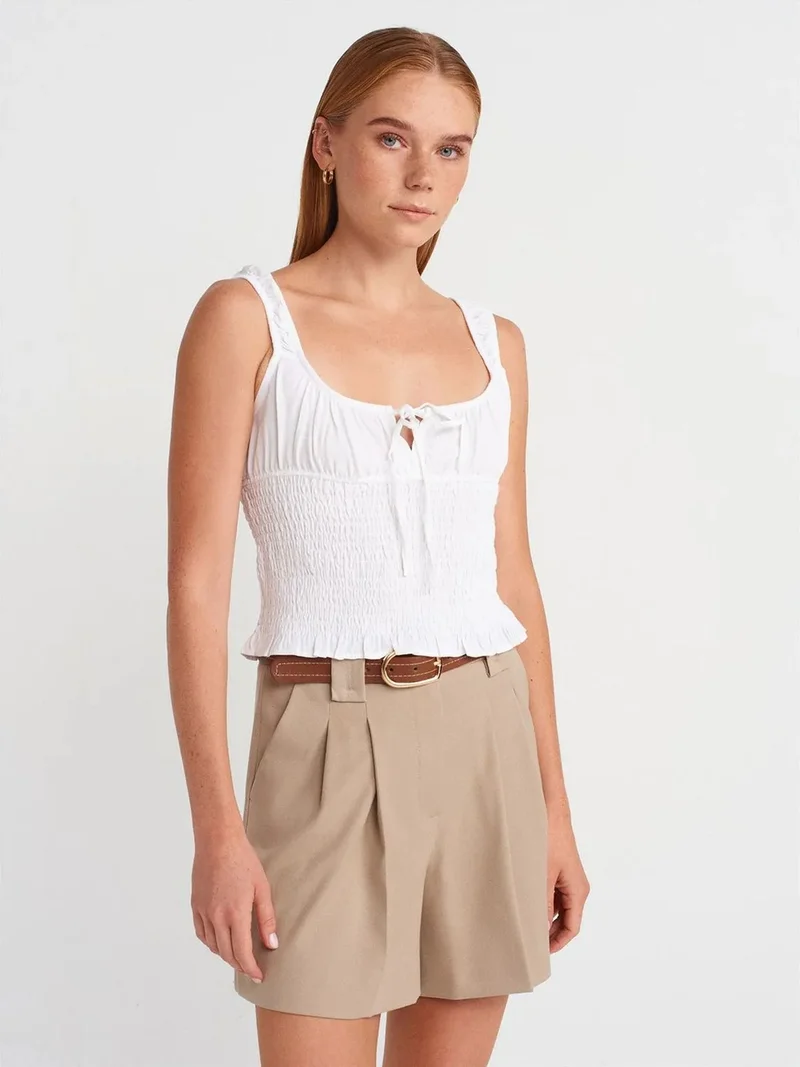 Dilvin DILVIN Fitted Crop Sleeveless Tie-Front Blouse