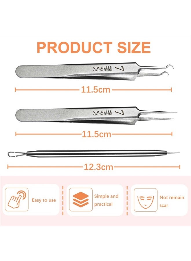 WSYUB Blackhead Tweezers, Pimple Popper Tool Kit, Comedone Extractor, 3 in 1 Professional Stainless Skin Zit Acne Blemish Whitehead Popping Removing Surgical Tools Set, Silver - Image 2