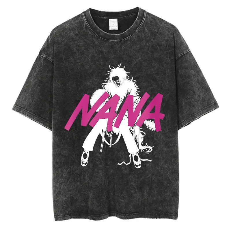 New Street Cotton American Style Retro T-Shirt Do Cartoon Animation Old NANA Washed Printed Costume Harajuku Short Sleeve 2 Retro Black 