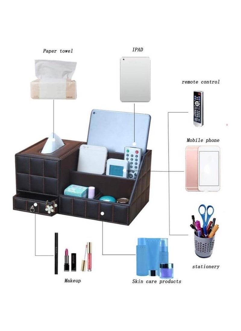Rightsure - Desk Organiser Set,Multifunctional PU Leather Desktop Pen Holder Storage Box with Drawer and tissue box, 6 Compartments for Office Home - Image 1