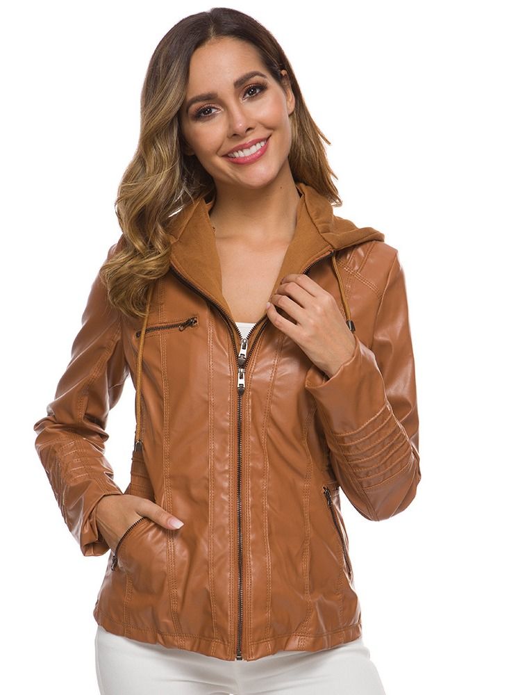 Loquat Women's Long Sleeve Short Motorcycle Leather Jacket Brown  - Image 1
