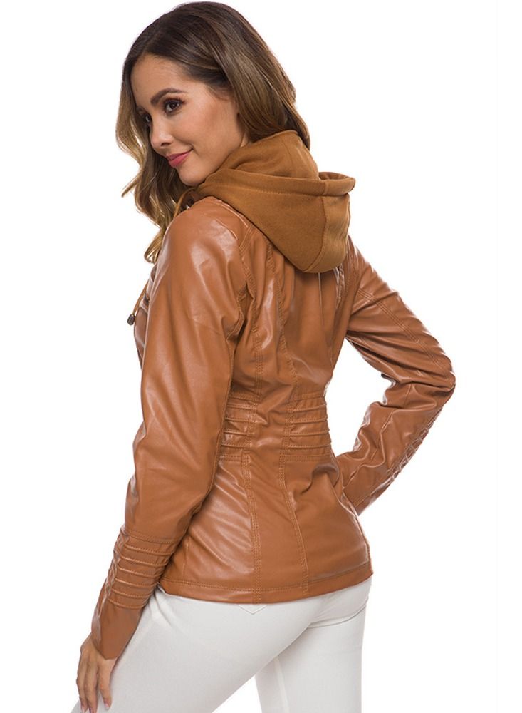 Loquat Women's Long Sleeve Short Motorcycle Leather Jacket Brown  - Image 3