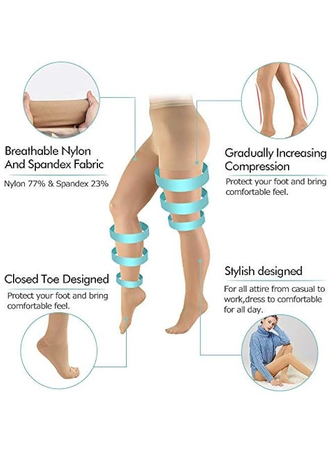 جوارب ضاغطة للنساء بضغط 20-30 ملم زئبقي لعلاج الدوالي (بيج، XL) - Image 3