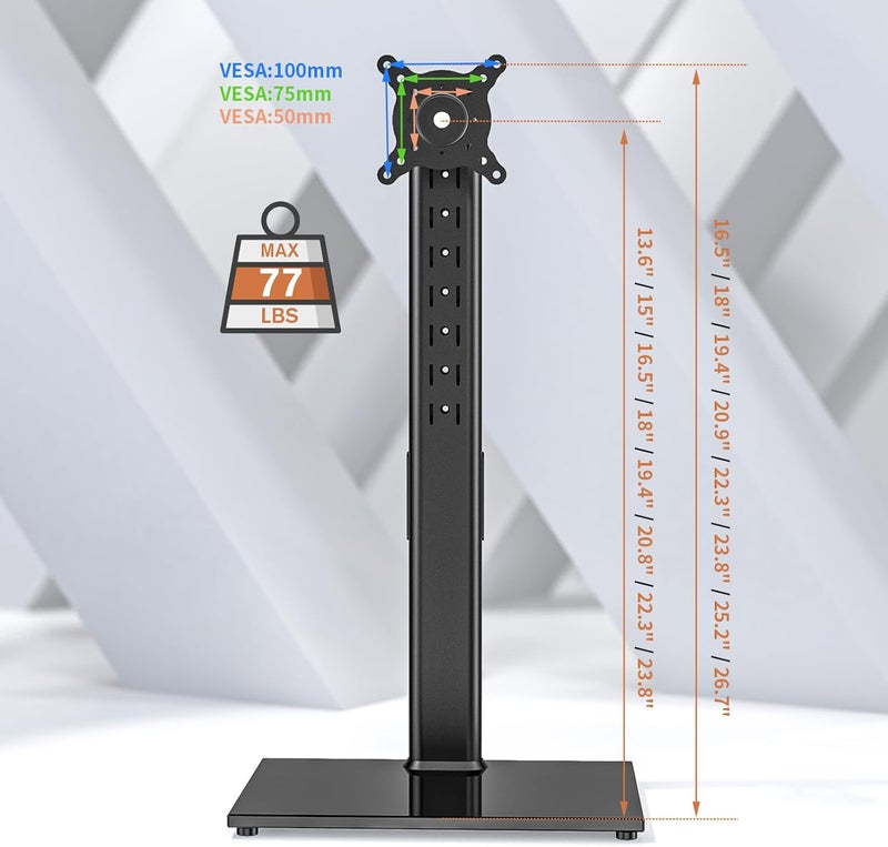 Hemudu Single Monitor Stand Freestanding 27-43 Inch Monitor Arm Curved Screen Monitor Mount Tempered Glass Base Adjustable Motion Tilt -15° to 10° Swivel ±45° Rotation 360° Weight Capacity 35KG HT05B-003 - Image 2