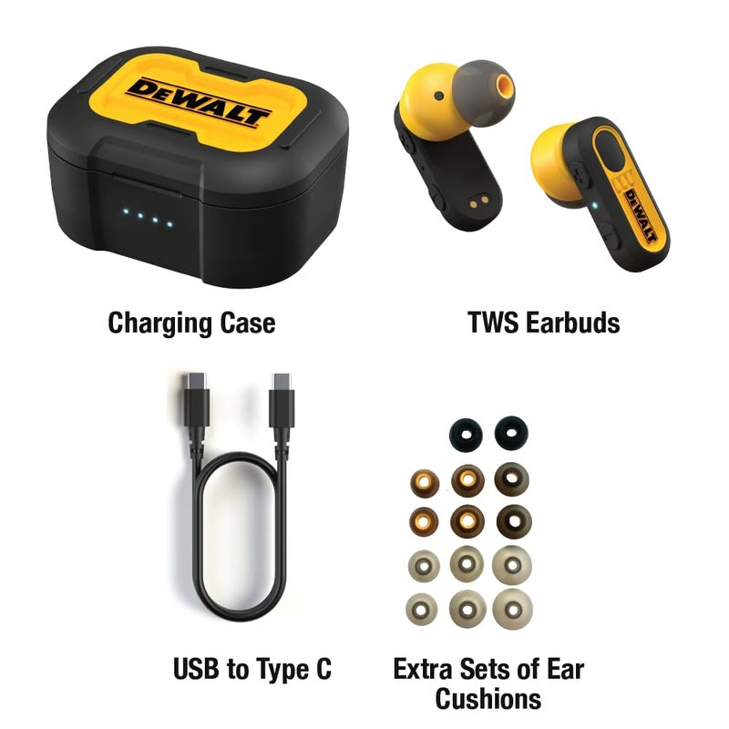 DEWALT Heavy Duty True Wireless Ear Buds, Bluetooth Headphones with Type C Charging Case Included, Over 37 Hours of Battery Life, Easy Setup for iPhone, Perfect for Jobsite, Outdoor Work, Yellow - Image 5