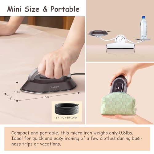 Newbealer Travel Iron with Global Voltage, 100-240V Mini Dry Iron for Clothes (No Steam), Max 300W, 60s Heat Up, 302℉ Non-Stick Ceramic Soleplate, 0.8lbs Ultra-Lightweight (Brown) - Image 5