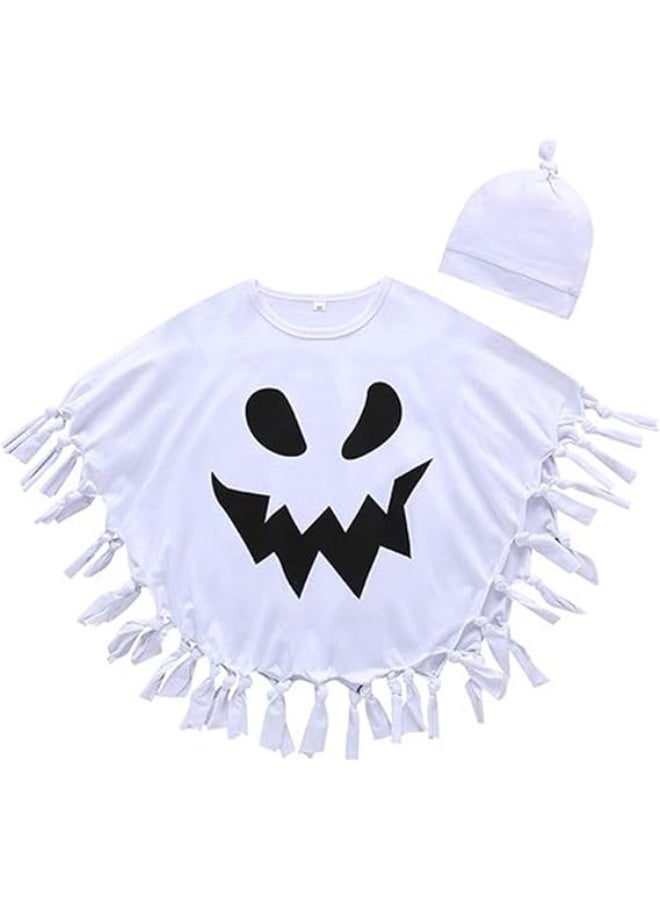 Brain Giggles White Ghost Cape with Hooded Cloak Halloween/Cosplay Costume for Toddlers, Kids (Boys & Girls), with Furry Hood (Large Ghost Kid) - Image 1