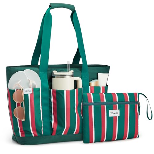 G4Free Beach BagWaterproof Beach Tote Pool Bags for WomenLarge Capacity Foldable for Weekender Travel Red green white stripe - Image 1