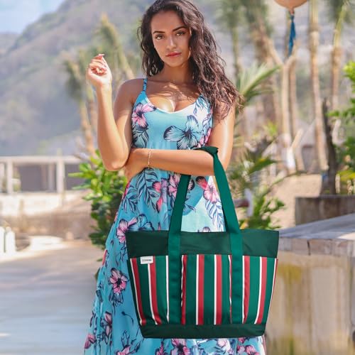 G4Free Beach BagWaterproof Beach Tote Pool Bags for WomenLarge Capacity Foldable for Weekender Travel Red green white stripe - Image 3