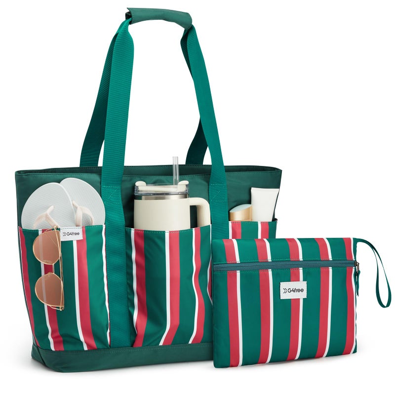 G4Free Beach BagWaterproof Beach Tote Pool Bags for WomenLarge Capacity Foldable for Weekender Travel Red green white stripe - Image 2