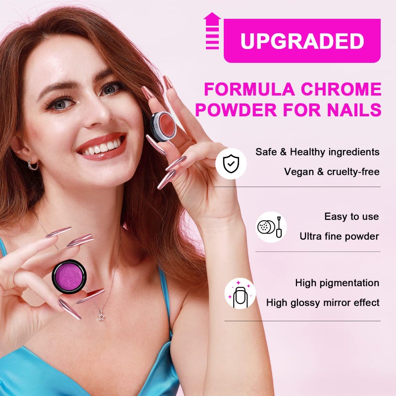 SAVILAND Chrome Nail Powder Set: 36 Colors Metallic Mirror Effect Holographic Chrome Nail Powder Iridescent Chameleon Pigment Manicure DIY Nail Art Decoration Glitter Dust with Sponge Brushes Home Use - Image 2