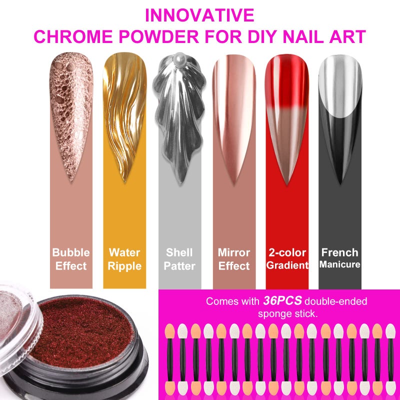 SAVILAND Chrome Nail Powder Set: 36 Colors Metallic Mirror Effect Holographic Chrome Nail Powder Iridescent Chameleon Pigment Manicure DIY Nail Art Decoration Glitter Dust with Sponge Brushes Home Use - Image 3