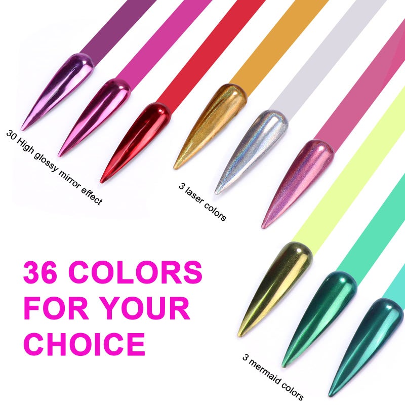 SAVILAND Chrome Nail Powder Set: 36 Colors Metallic Mirror Effect Holographic Chrome Nail Powder Iridescent Chameleon Pigment Manicure DIY Nail Art Decoration Glitter Dust with Sponge Brushes Home Use - Image 5