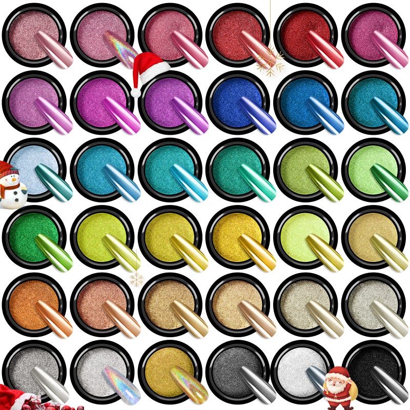 SAVILAND Chrome Nail Powder Set: 36 Colors Metallic Mirror Effect Holographic Chrome Nail Powder Iridescent Chameleon Pigment Manicure DIY Nail Art Decoration Glitter Dust with Sponge Brushes Home Use - Image 1