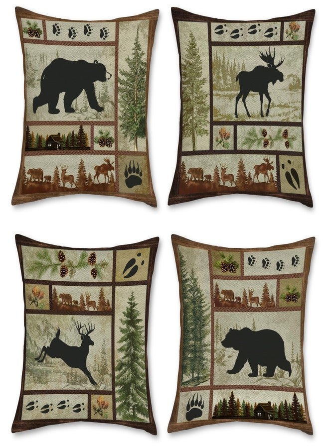Bonhause Rustic Cabin Bear Throw Pillow Covers 18 x 18 Inch Set of 4 Lodge Moose Deer Animal Decorative Pillows Case Polyester Linen Outdoor Cushion Covers for Couch Sofa Bed Home Decor - Image 1