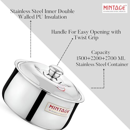 Mintage Harmony Casserole with Lid 2200 Ml | Roti Hot Case Stainless Steel, Food Grade | Rice-Gravy-Curry, Silver Hot Box with Steel Lid - Image 2