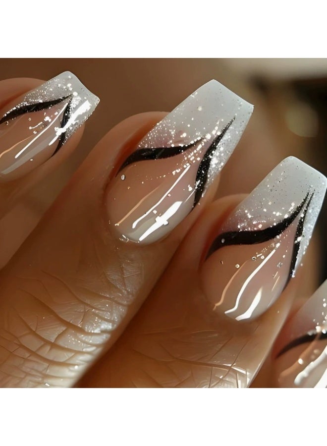 Goolsky Premium Long Press-on Nails with Gradient Glitter Lines for Delicate Shine