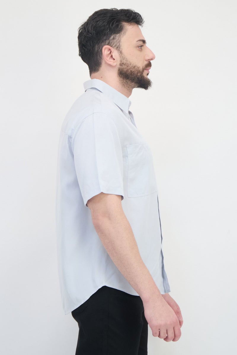 SELECTED Men Spread Collar Short Sleeve Solid Casual Shirt, Grey  - Image 2