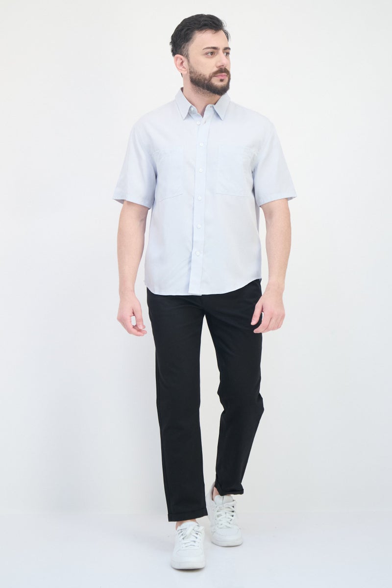 SELECTED Men Spread Collar Short Sleeve Solid Casual Shirt, Grey  - Image 4