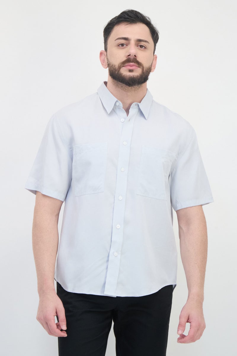SELECTED Men Spread Collar Short Sleeve Solid Casual Shirt, Grey  - Image 1
