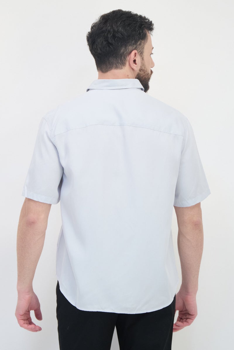 SELECTED Men Spread Collar Short Sleeve Solid Casual Shirt, Grey  - Image 3