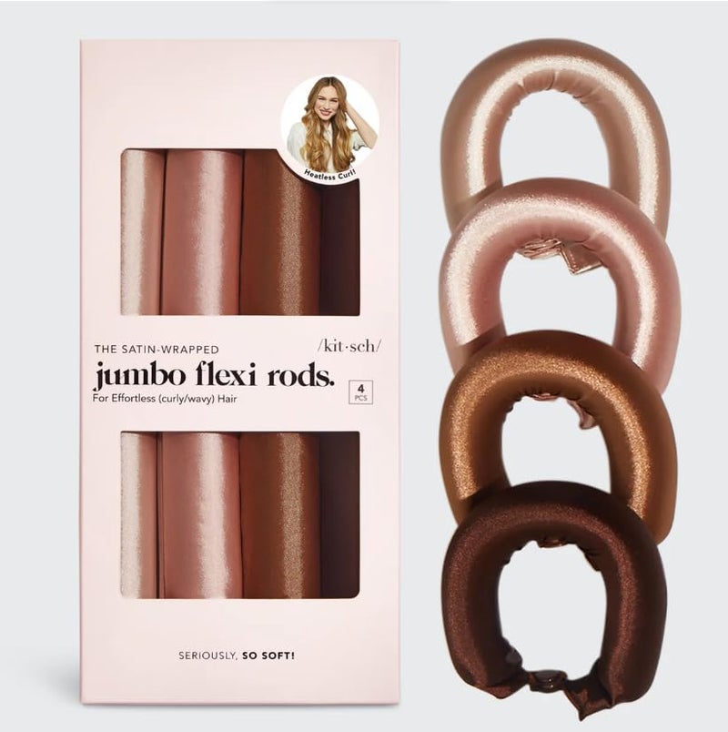 Kitsch Satin Hair Curlers, Heatless Curling Rod - Jumbo Flexi Rod, Heatless Hair Curler - Hair Curlers to Sleep In - No Heat Overnight Curls - For All Hair Types and Texture - 4pcs Rosewood - Image 1