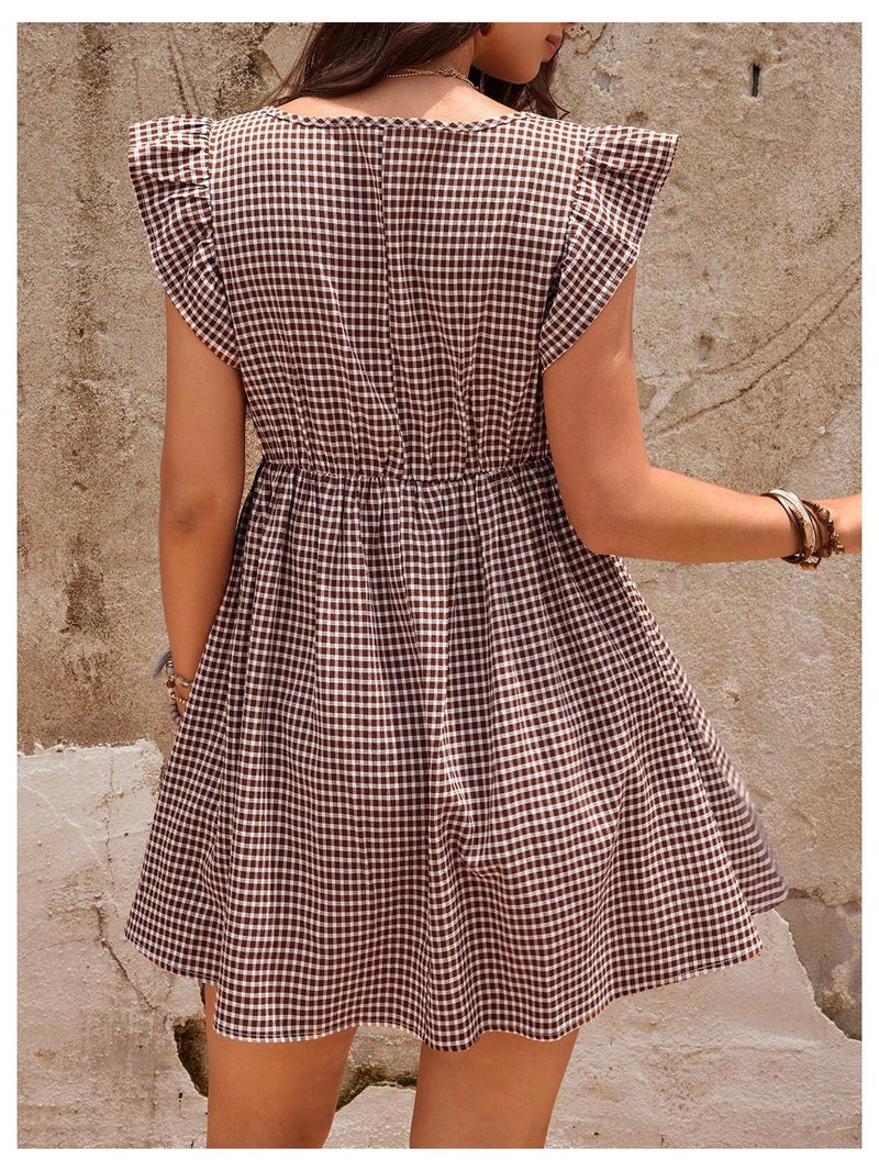 SHENHE Women's Maternity Gingham Dress Square Neck Ruffle Sleeve Ruched Flowy Summer Plaid Mini Sundress Brown Medium - Image 2