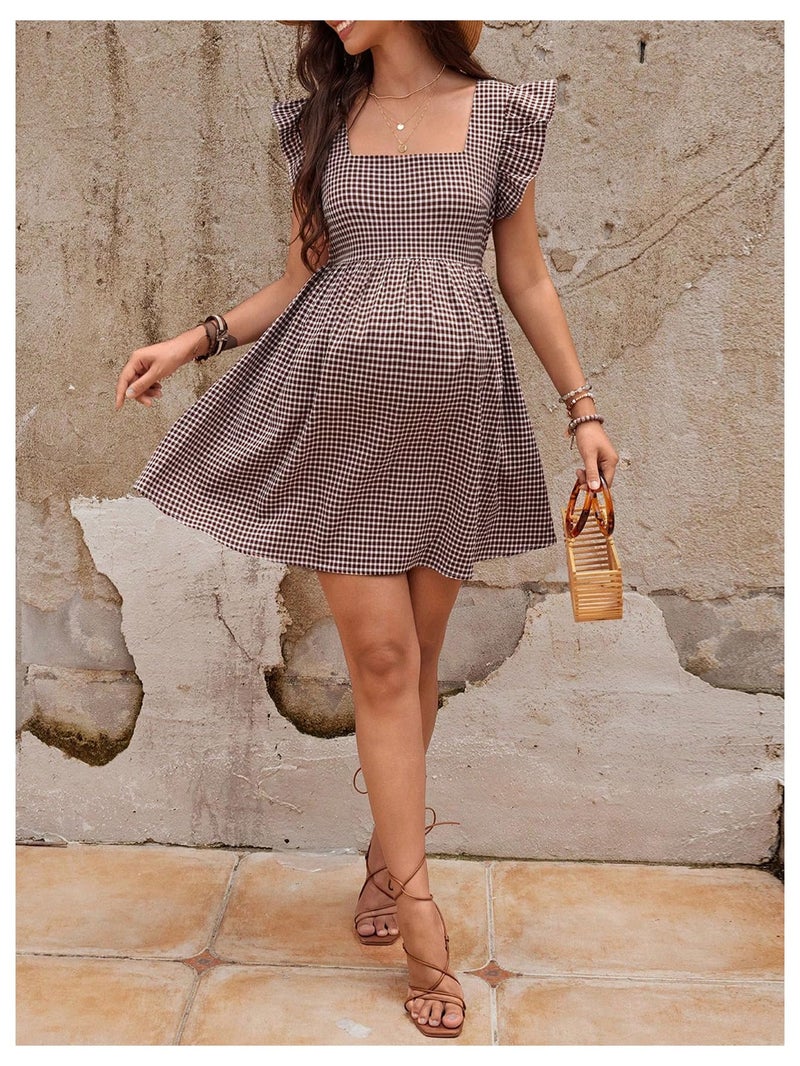 SHENHE Women's Maternity Gingham Dress Square Neck Ruffle Sleeve Ruched Flowy Summer Plaid Mini Sundress Brown Medium - Image 4