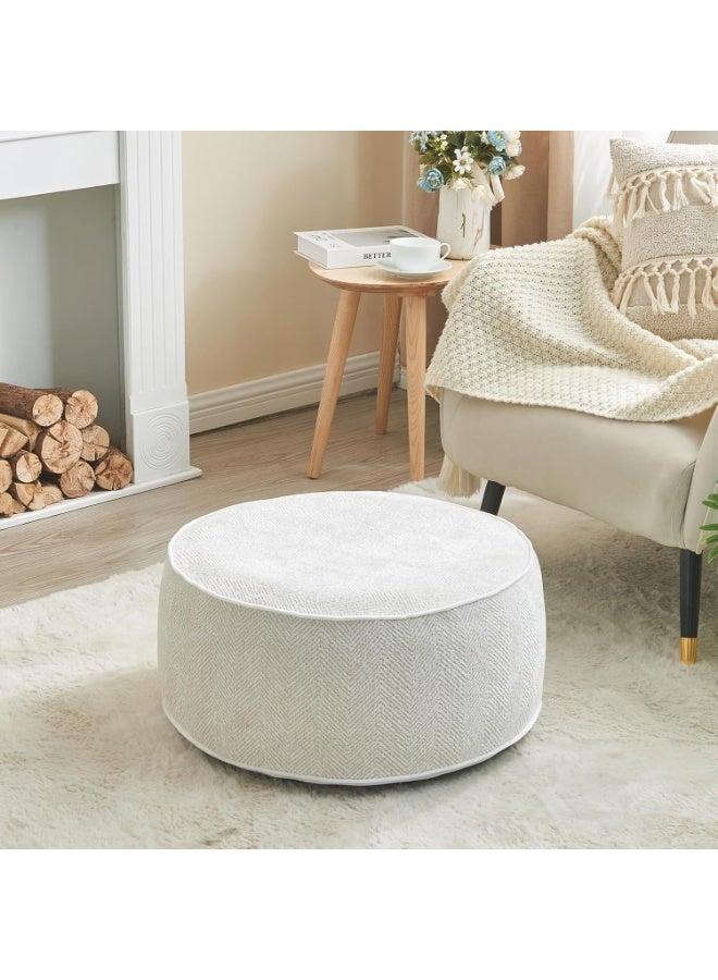 Inflatable Pouf Ottoman, 21x10 Inches Stuffed Chenille Ottoman with Inflatable PVC Liner, Foot Rest with Portable Handle, Round Floor Pillow for Living Room, Bedroom, Kids Room , white - Image 1