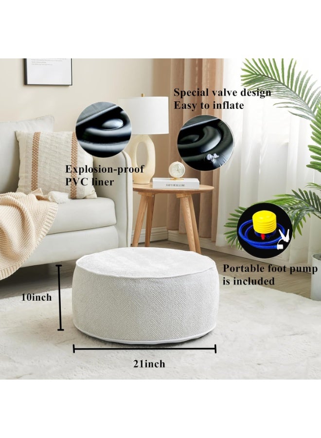 Inflatable Pouf Ottoman, 21x10 Inches Stuffed Chenille Ottoman with Inflatable PVC Liner, Foot Rest with Portable Handle, Round Floor Pillow for Living Room, Bedroom, Kids Room , white - Image 2