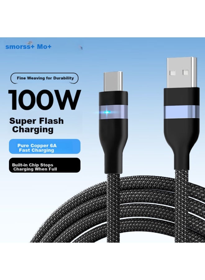 Smorss كابل بيانات، كابل شحن نوع-C، شحن فائق السرعة 6A 120W، مناسب لهواوي، هونر، أوبو، شاومي، هواتف أندرويد 100W/88W/66W، كابل شحن سريع USB-C، مضفر، 2 متر - Image 1