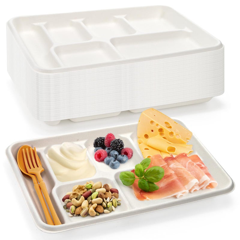 Bekith 60 Pack 6Compartment Disposable Paper Plate 100 Compostable Bagasse School Lunch Tray HeavyDuty Sectional Plates Made of Sugar Cane Fibers