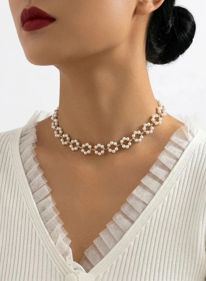 Faux Pearl Flower Choker Necklace