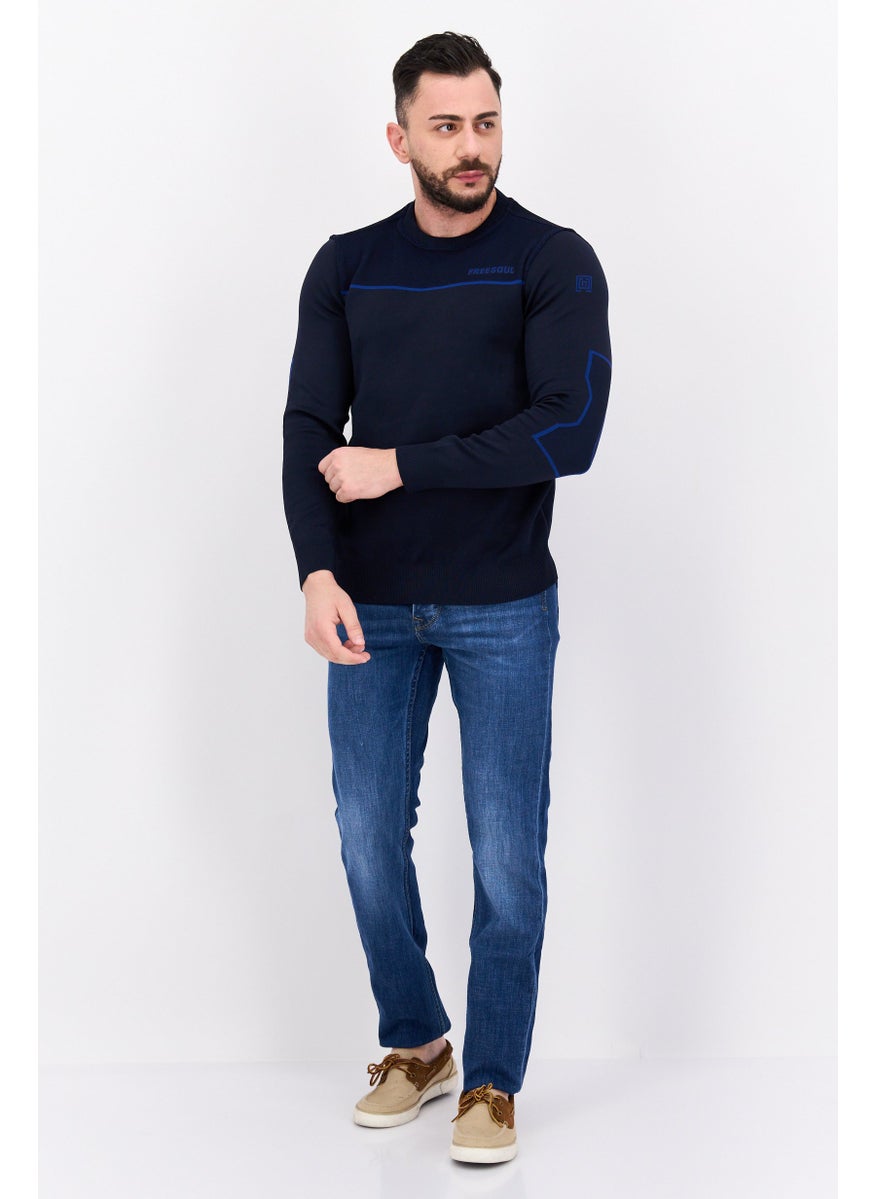 Free Soul - Men Crew  Neck Brand Logo Long Sleeve Sweatshirt, Navy Blue - Image 1