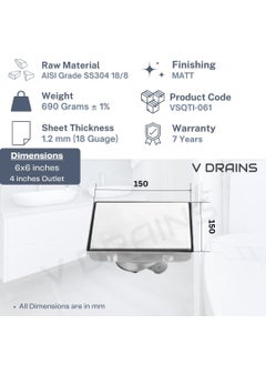 VANRA VANRA V-Baths 6 Inch|150 Mm Reverse Plate Stone/Tile/Marble Insert Drain Jali Stainer|Square Drainer For Bathrooms Floor,Roofs,Terraces,Balconies Of Stainless Steel (Grade 304) (6'' X 6'' (Inch))  - Image 2